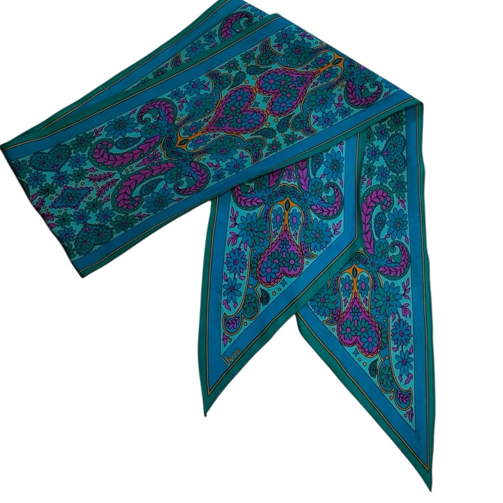 Elegant Vintage VERA Teal and Pink Silk Scarf Paisley